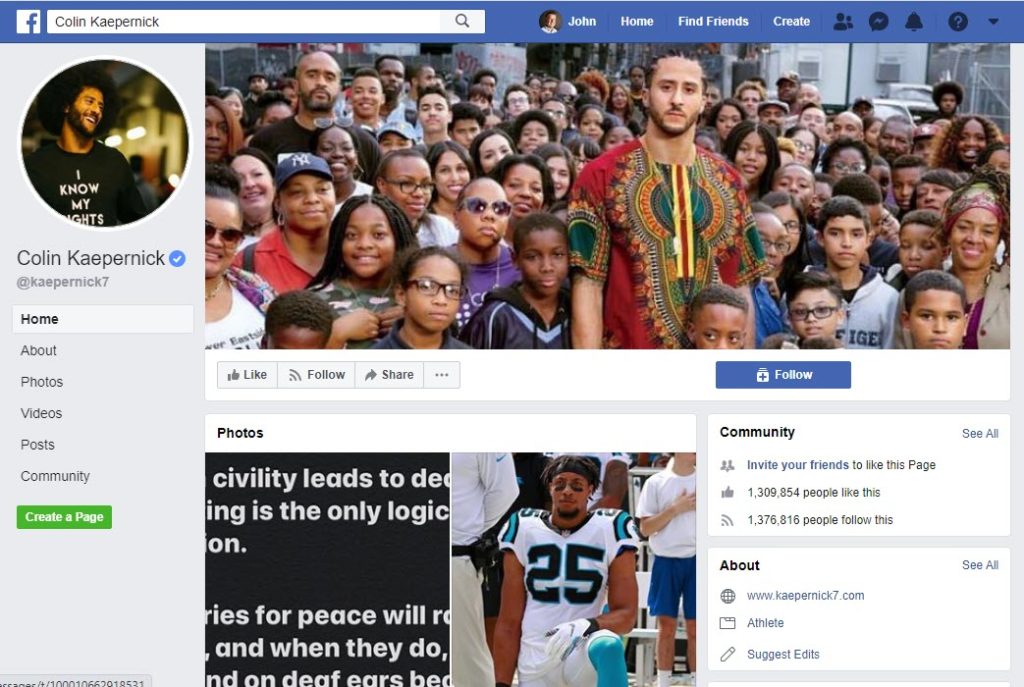 Kaepernick is building an online audience on Facebook that now numbers over 1.375 million followers.